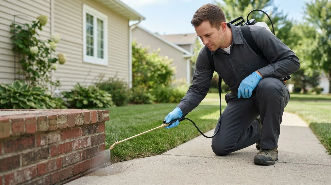 Pest control technician treating a home near Brunswick, NE