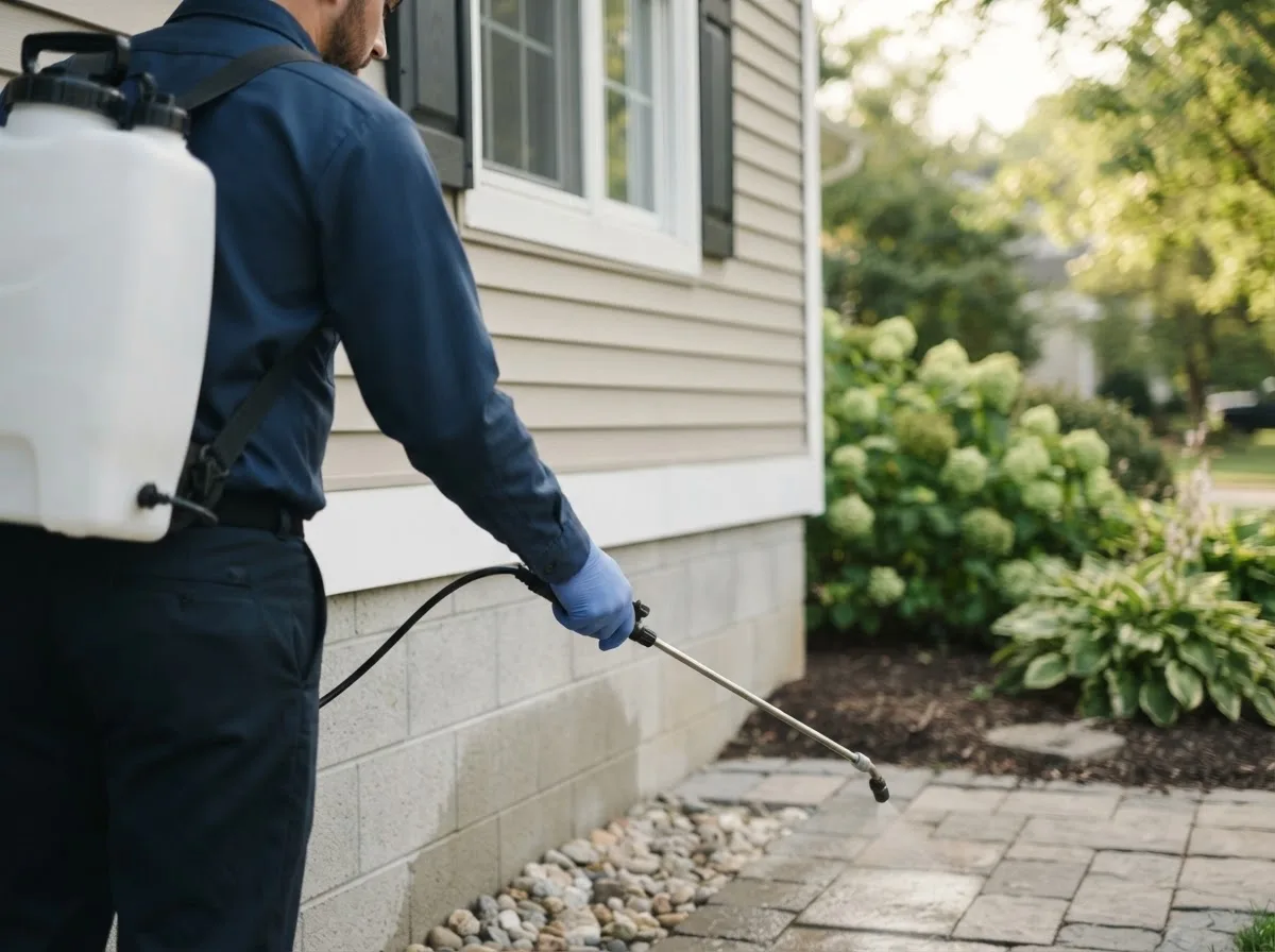 Pest control technician inspecting a home in Brunswick, NE